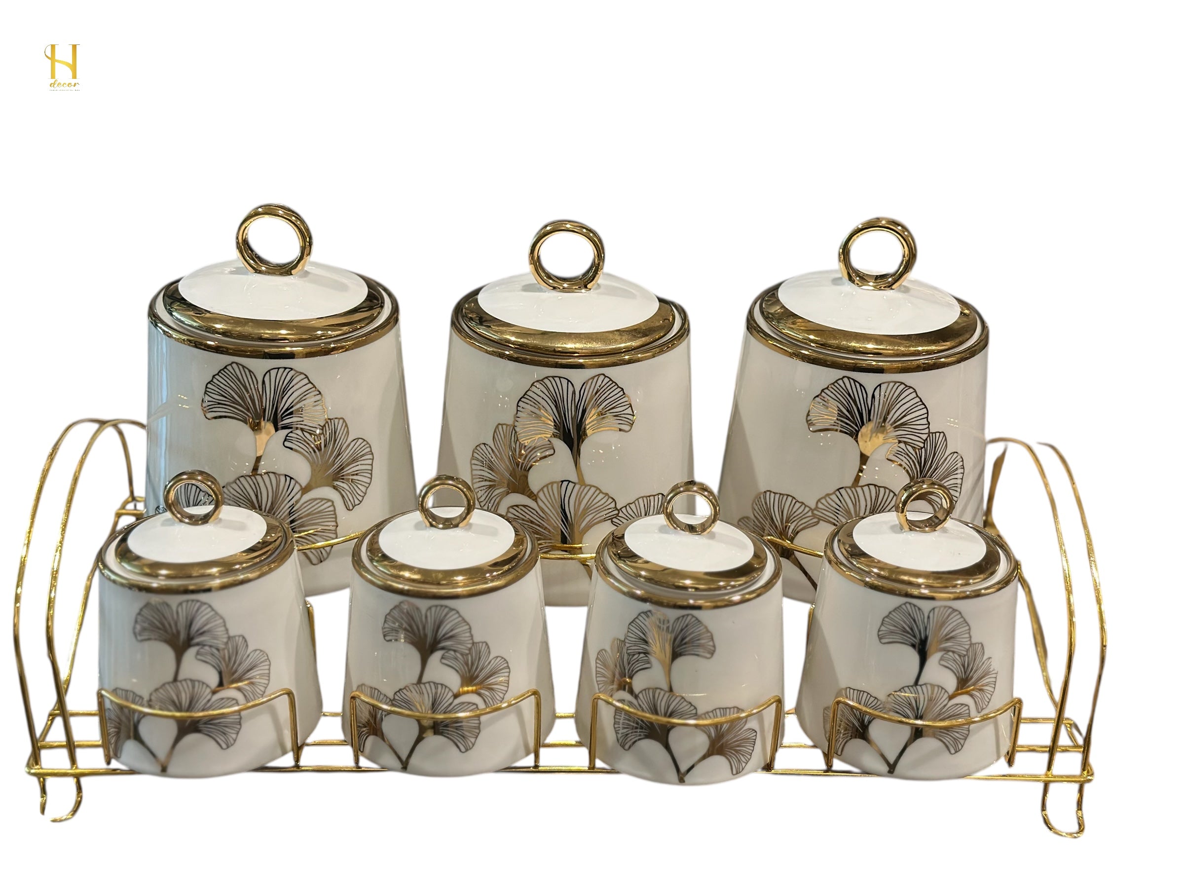 Luxury Ginkgo Leaf Canister Set /Spice Jar Set with Gold Accents - 7 Piece Collection