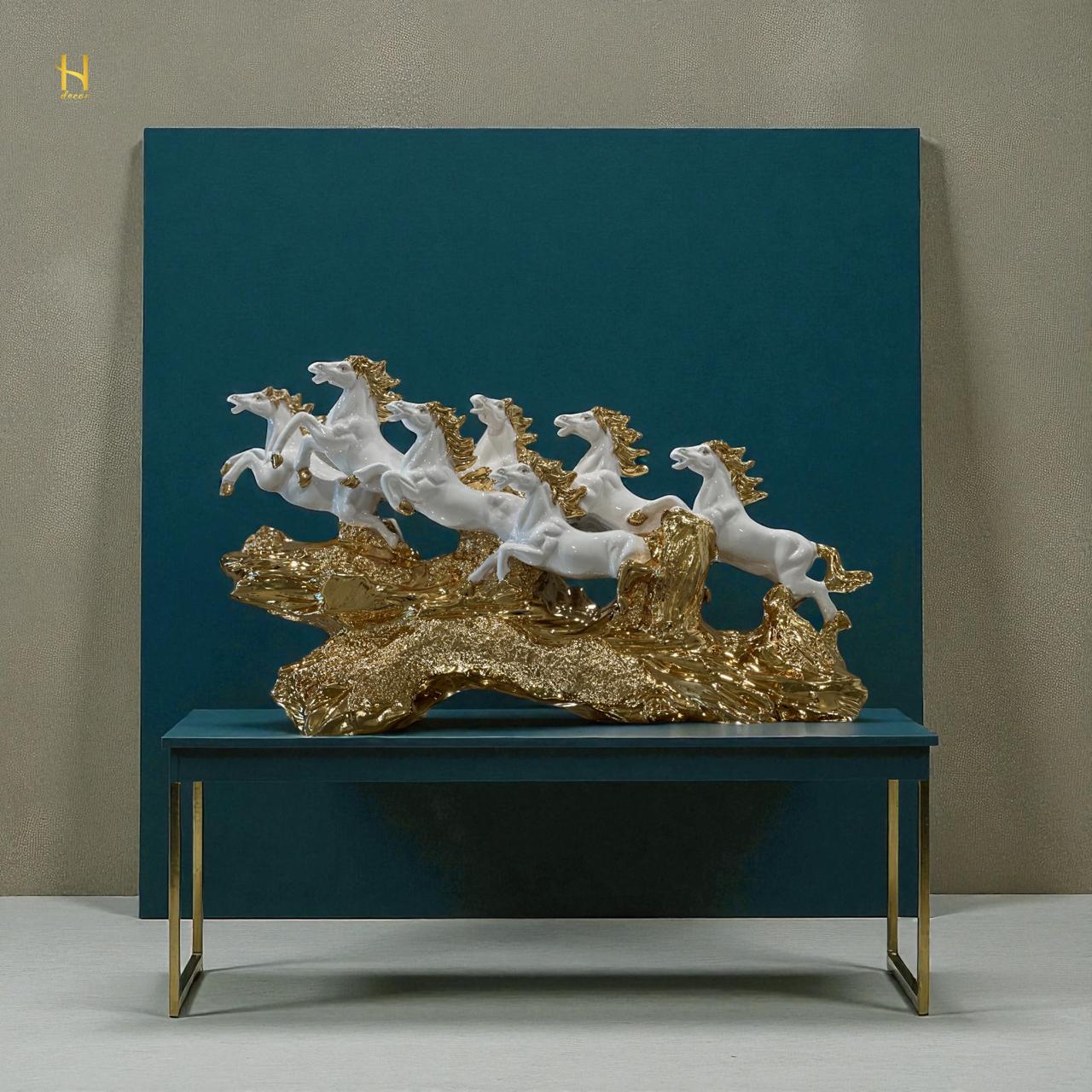 Seven Black and Golden Horses Sculpture