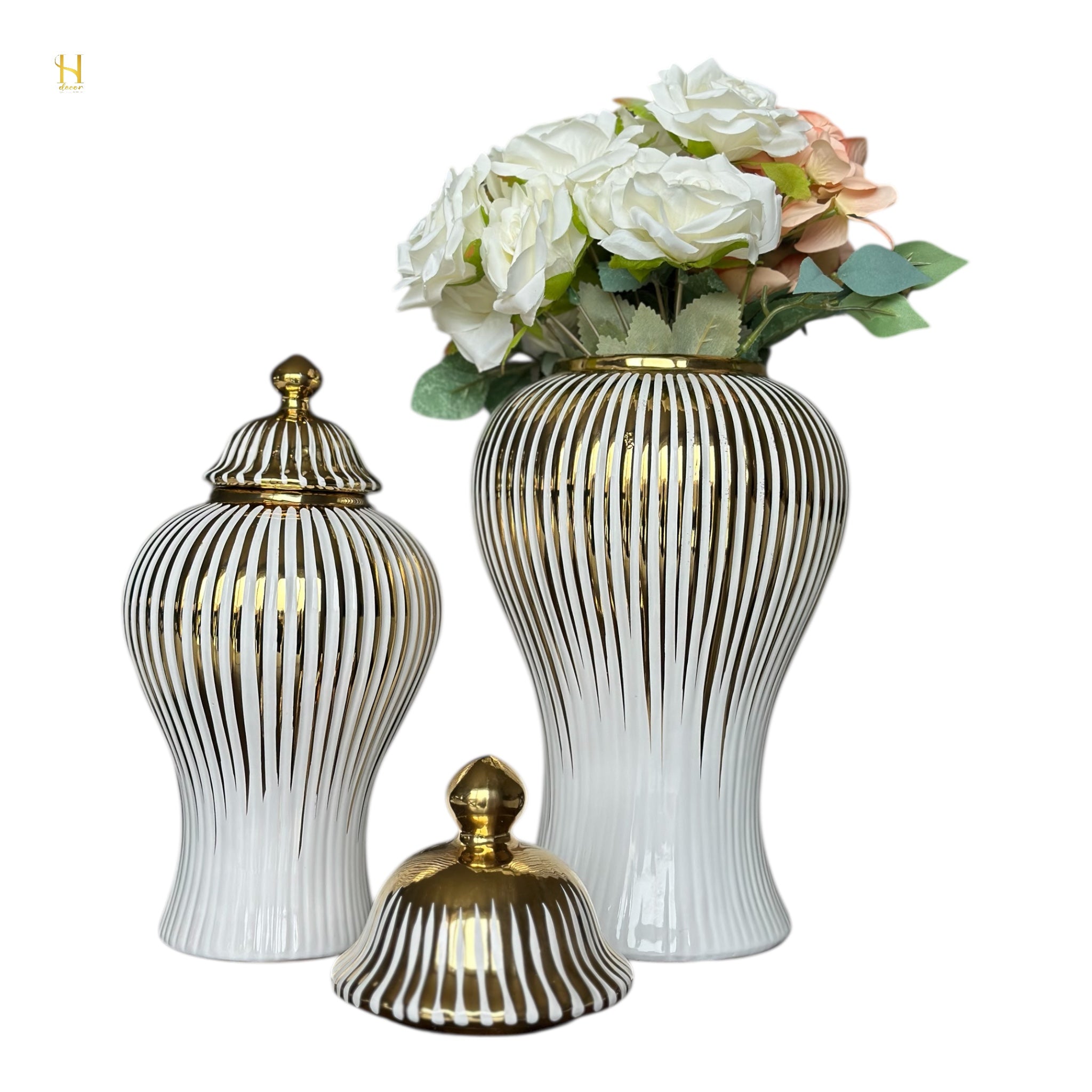 White Ginger Jar with Gold Stripes