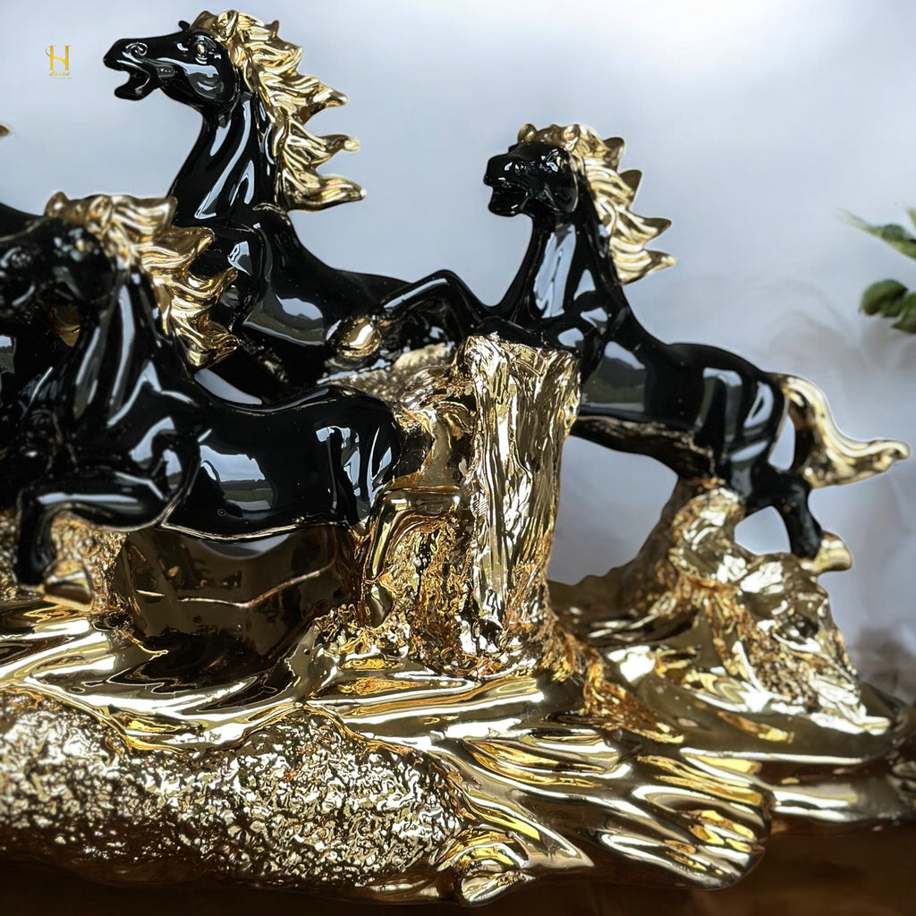 Seven Black and Golden Horses Sculpture