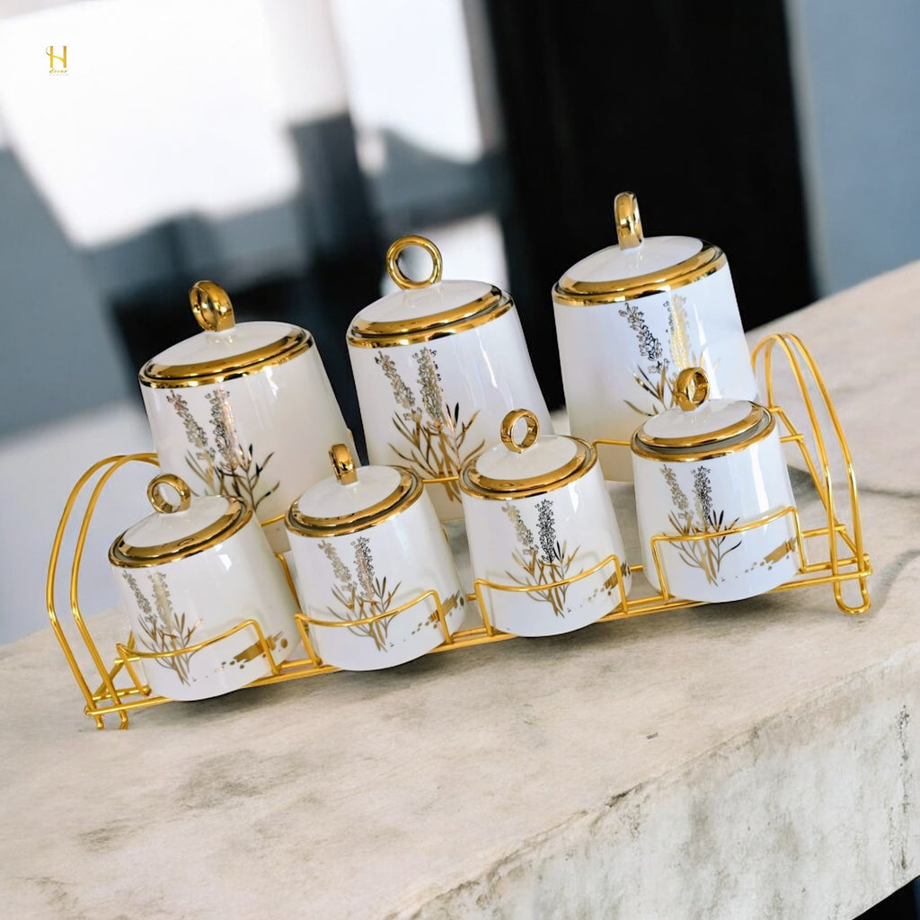 Floral Ceramic Canister Set with Gold Stand