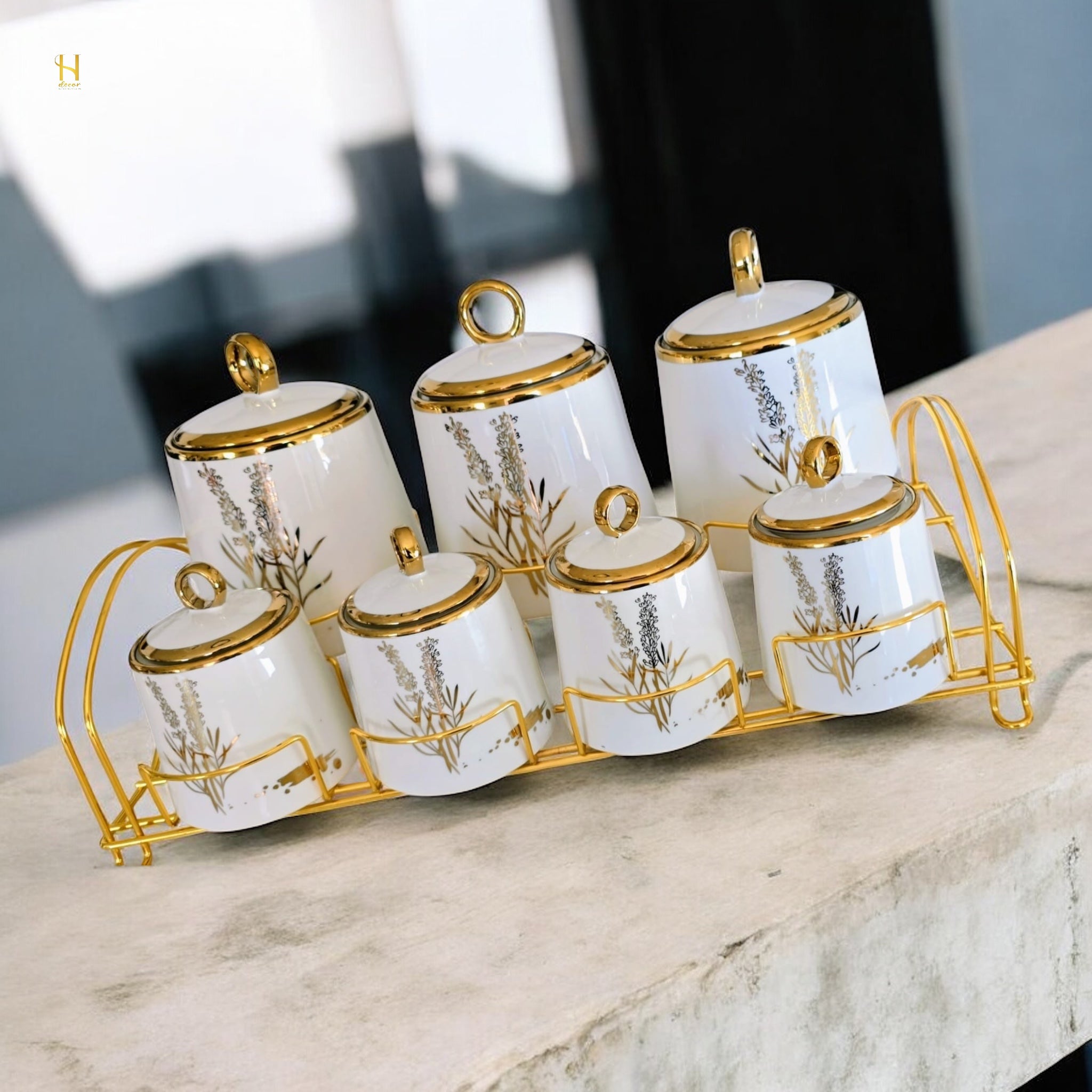 Floral Ceramic Canister Set with Gold Stand
