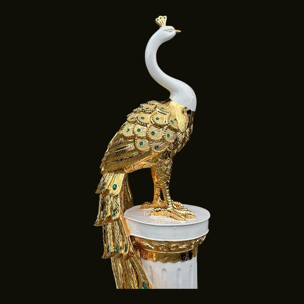 46" White and Gold Peacock Statue - Large Decorative Resin Sculpture for Home Decor | Premium Art Piece