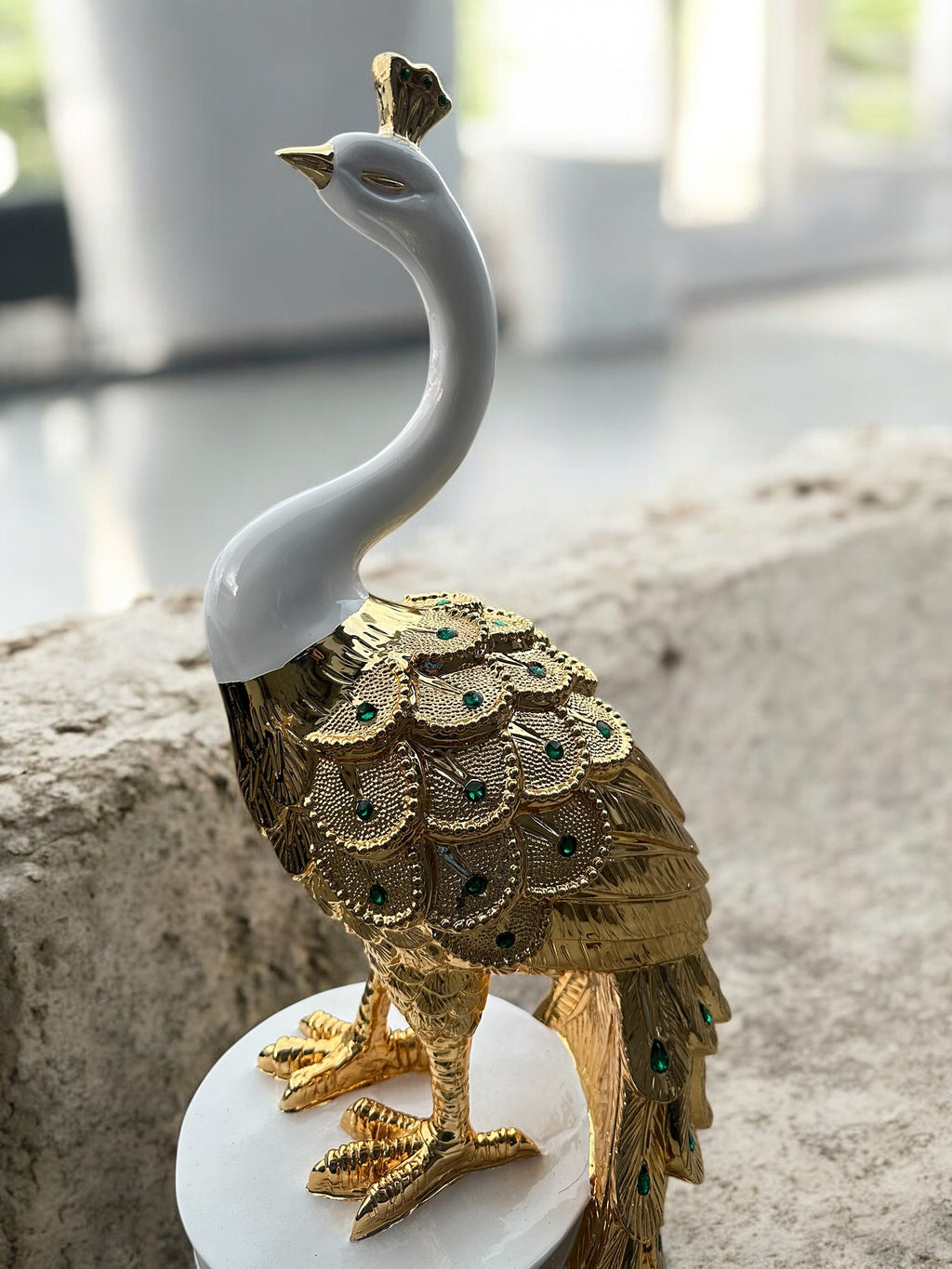 46" White and Gold Peacock Statue - Large Decorative Resin Sculpture for Home Decor | Premium Art Piece