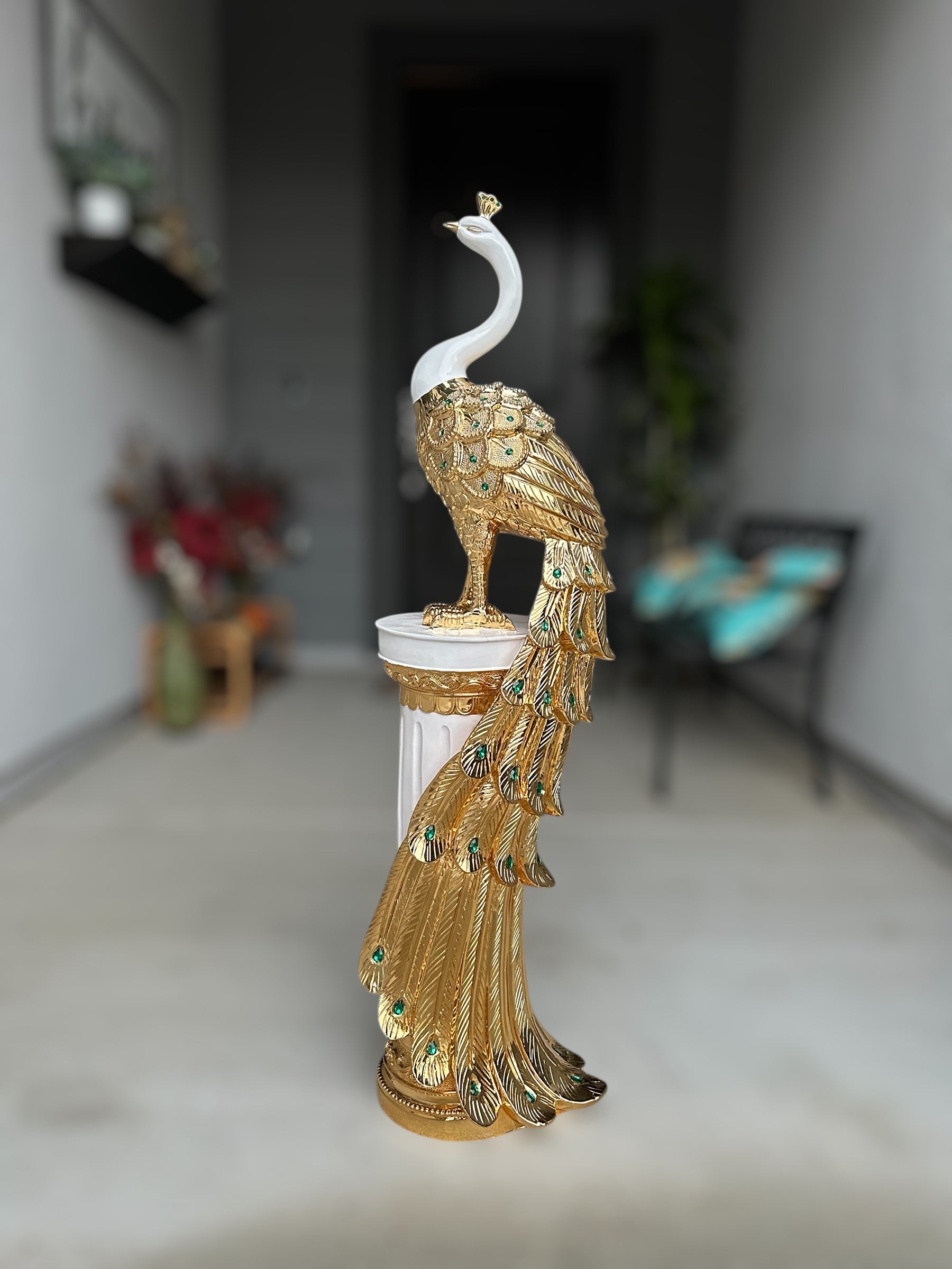 46" White and Gold Peacock Statue - Large Decorative Resin Sculpture for Home Decor | Premium Art Piece