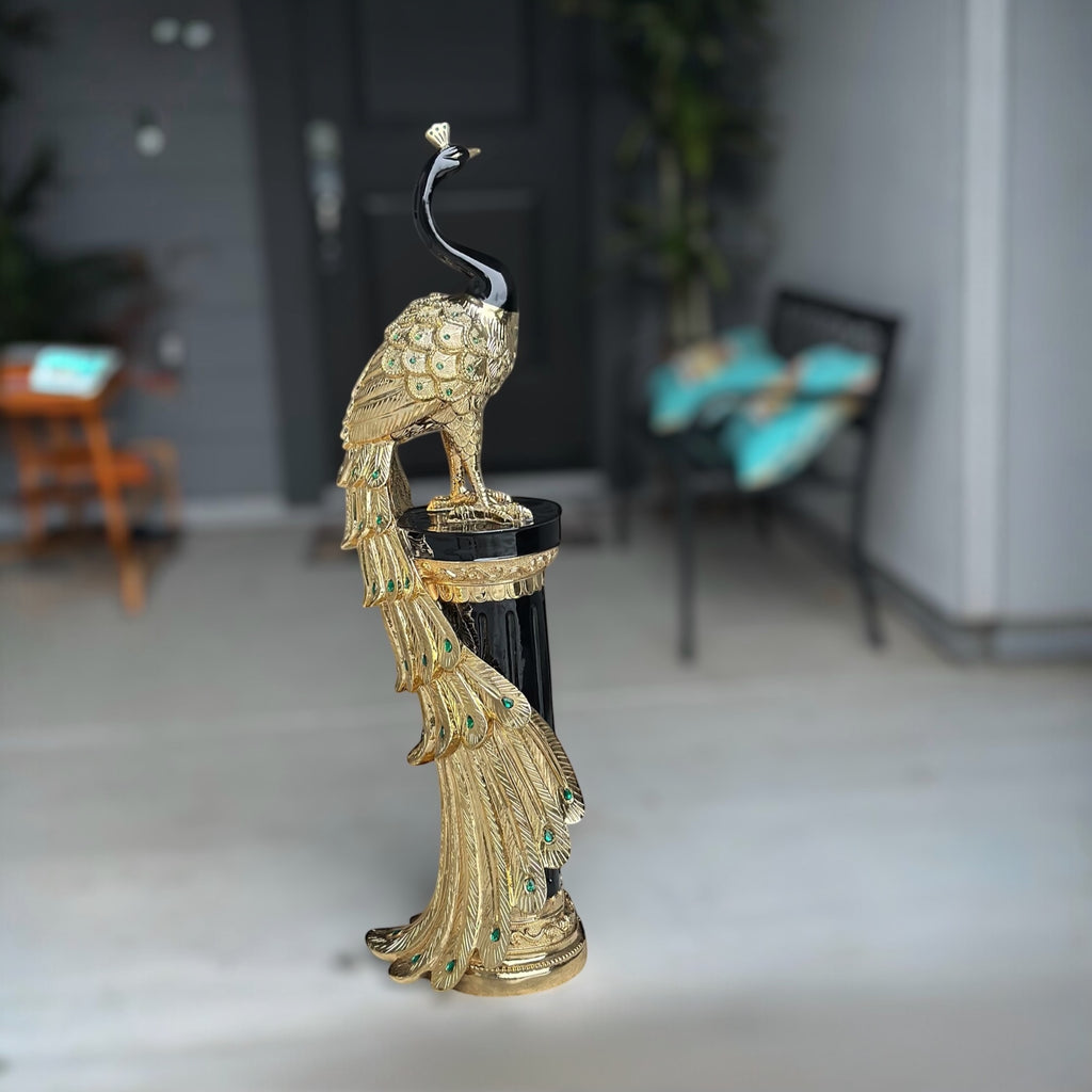 46" Black and Gold Peacock Statue - Large Decorative Resin Sculpture for Home Decor | Premium Art Piece
