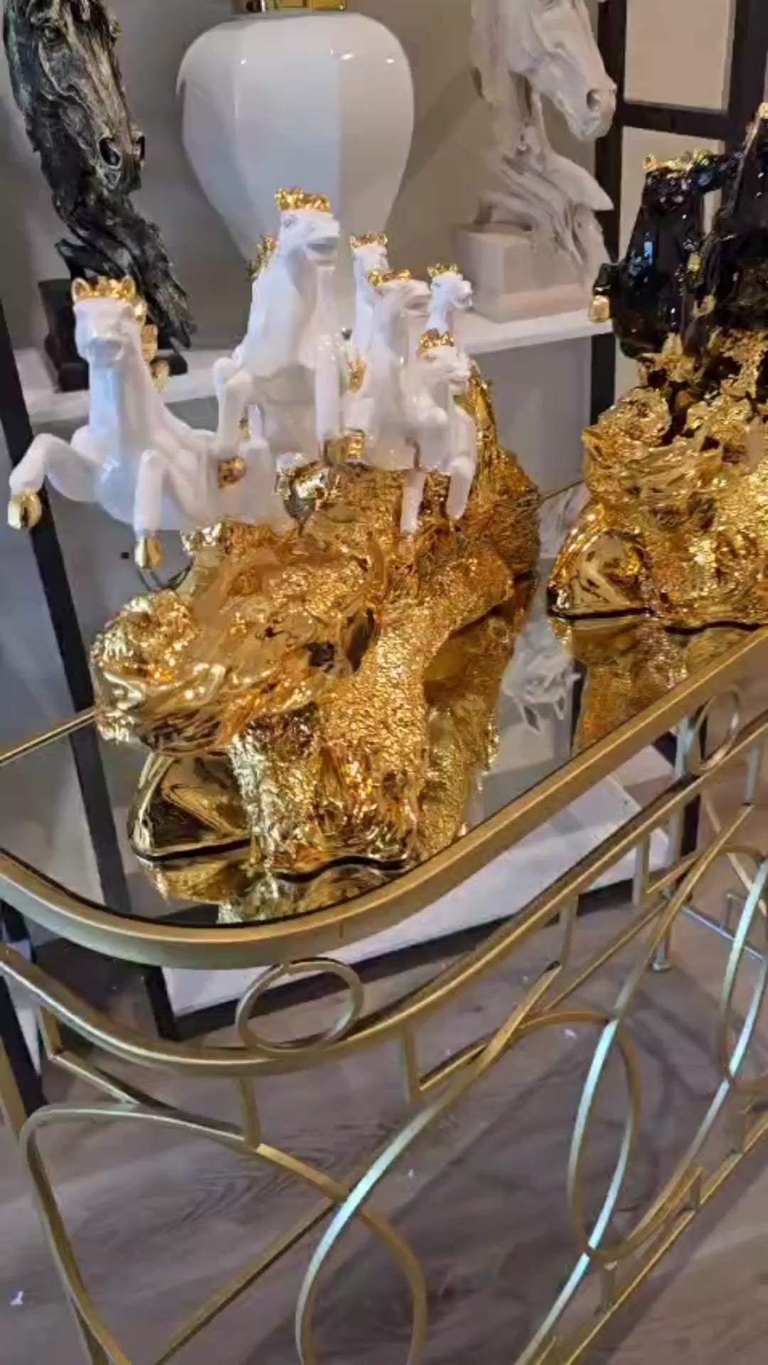 Seven Black and Golden Horses Sculpture